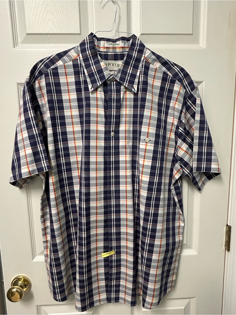 Orvis Navy, White & Orange Plaid Short-Sleeve Button-Down Shirt XL